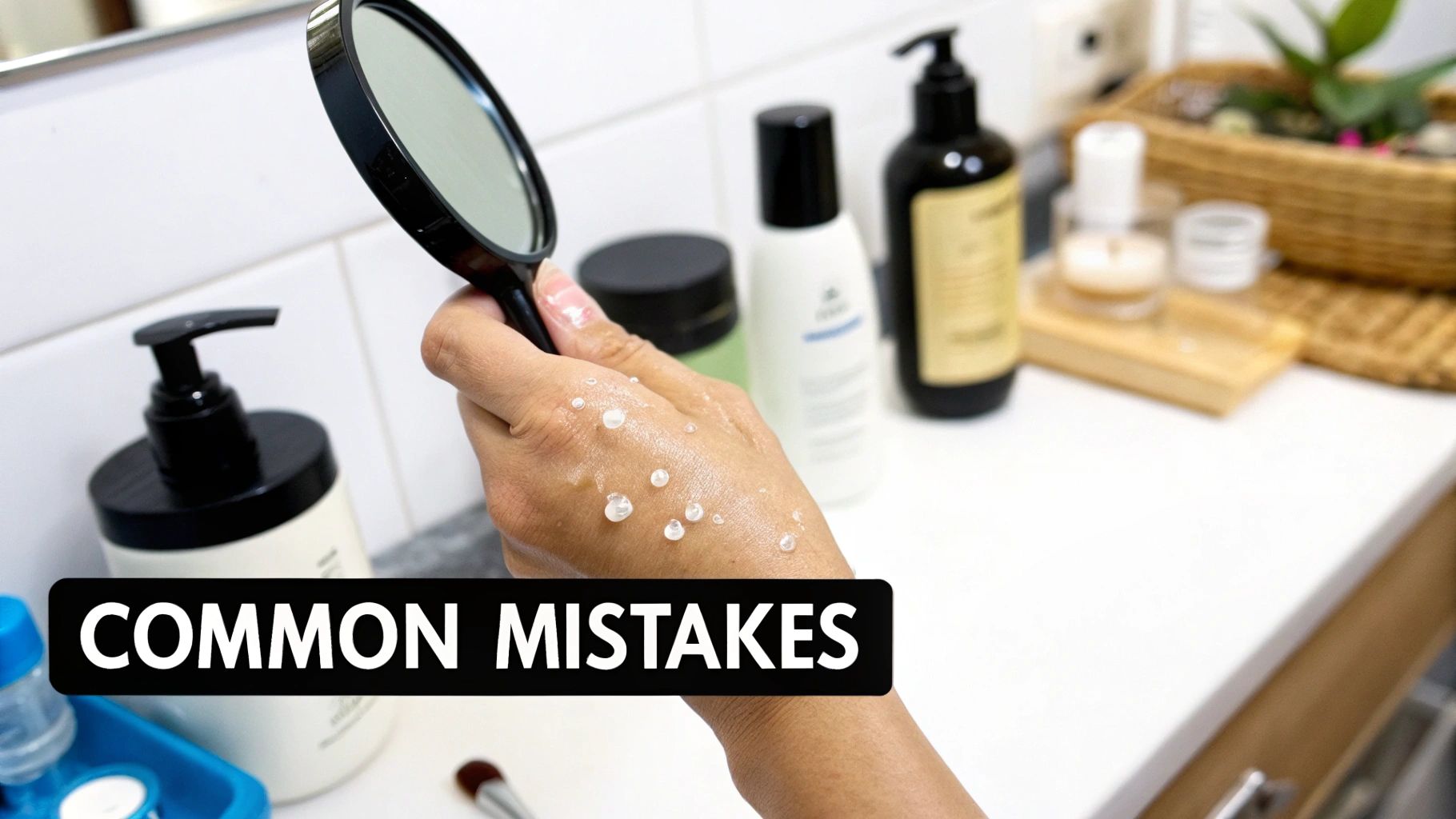 A person's hand with water droplets holding a mirror in a bathroom with skincare products and text 'COMMON MISTAKES'.