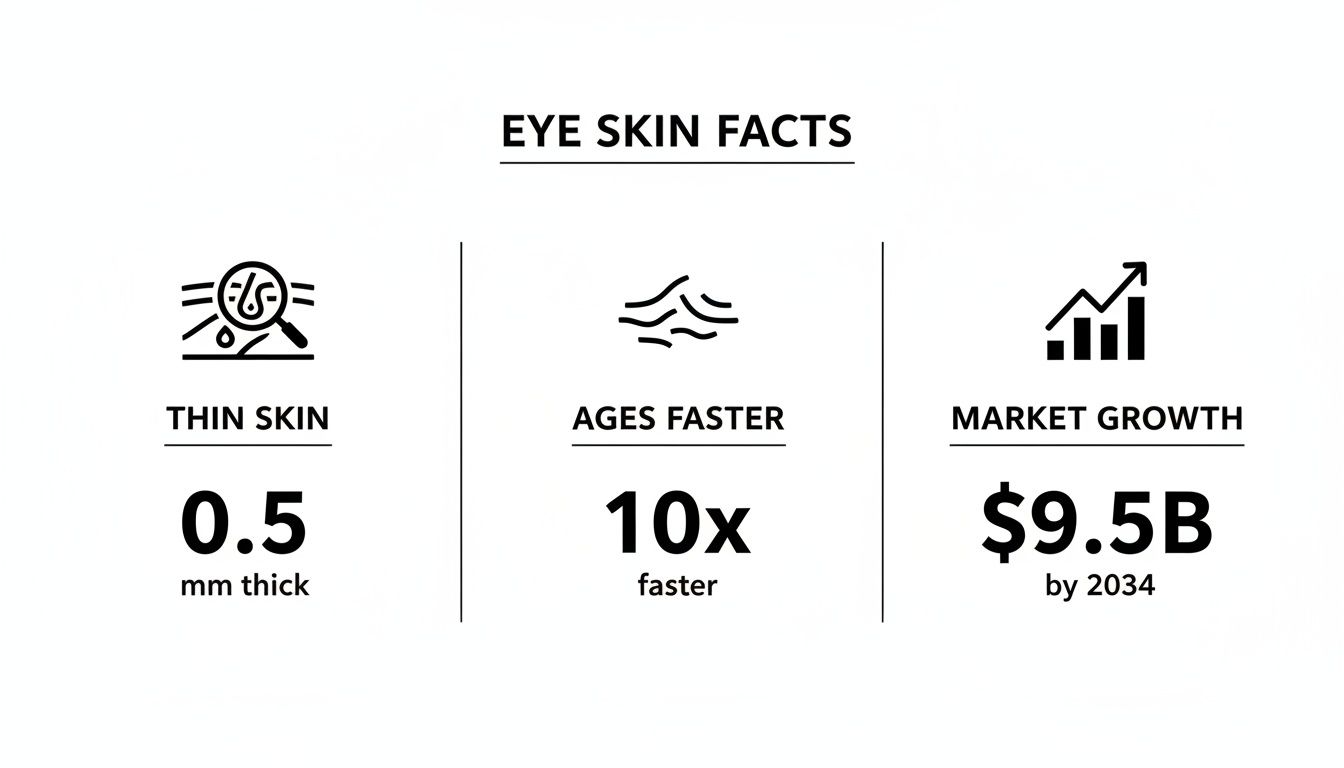 Infographic showing eye skin facts: thin skin (0.5mm), ages faster (10x), and market growth ($9.5B by 2034).