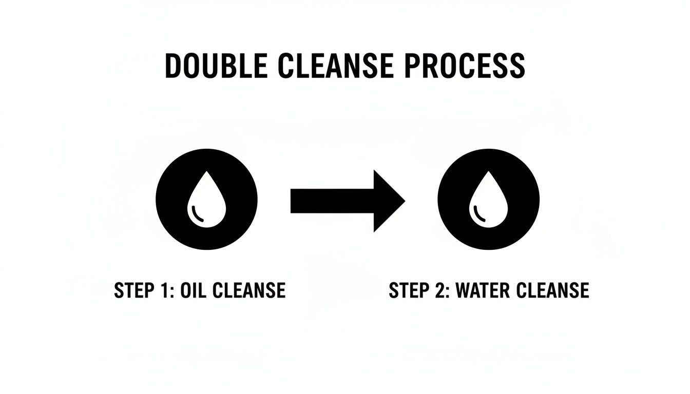 A diagram explaining the double cleanse skincare process, featuring oil cleanse followed by water cleanse steps.