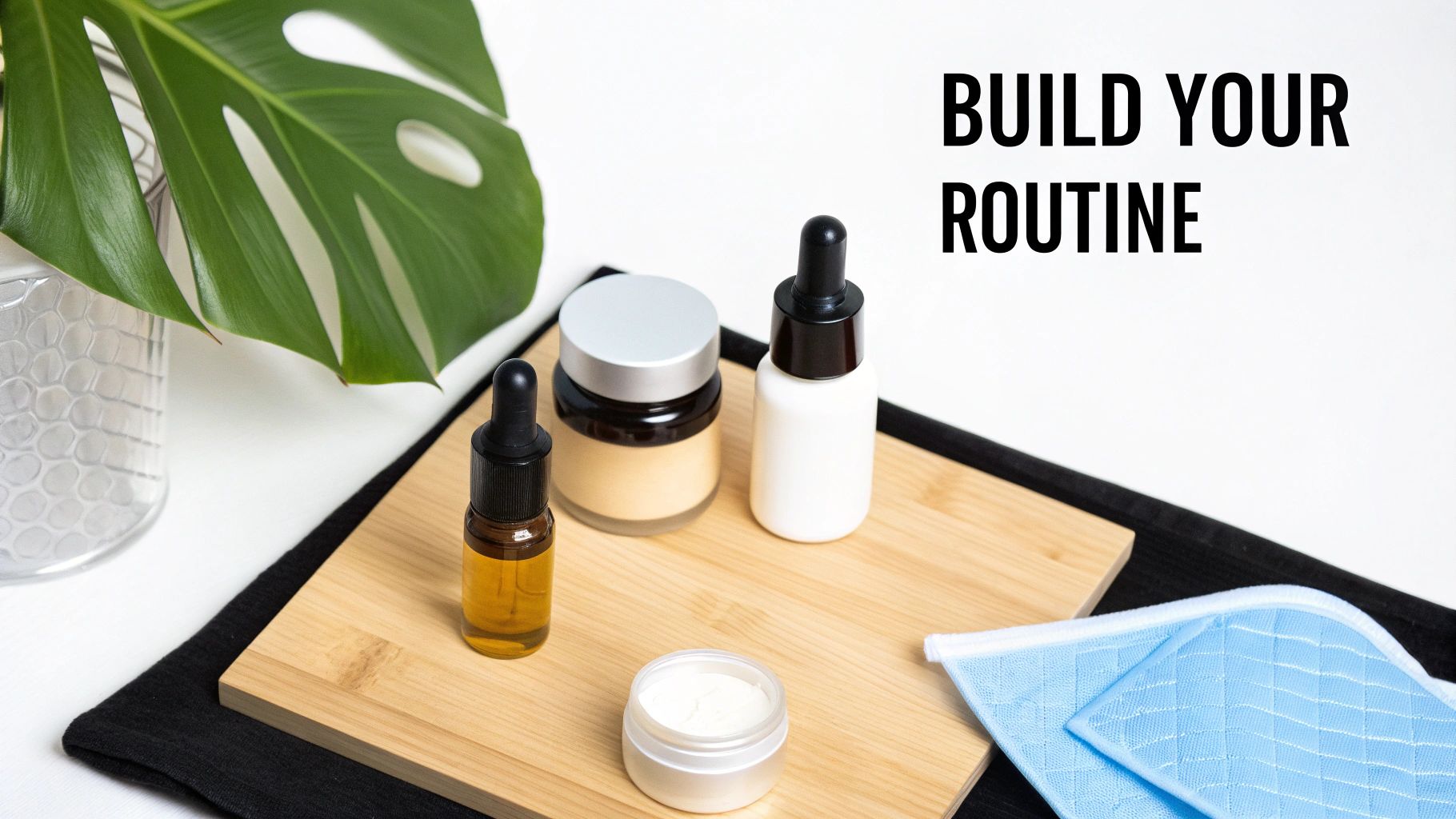 A collection of skincare products, including serums and creams, displayed on a wooden tray next to a plant.