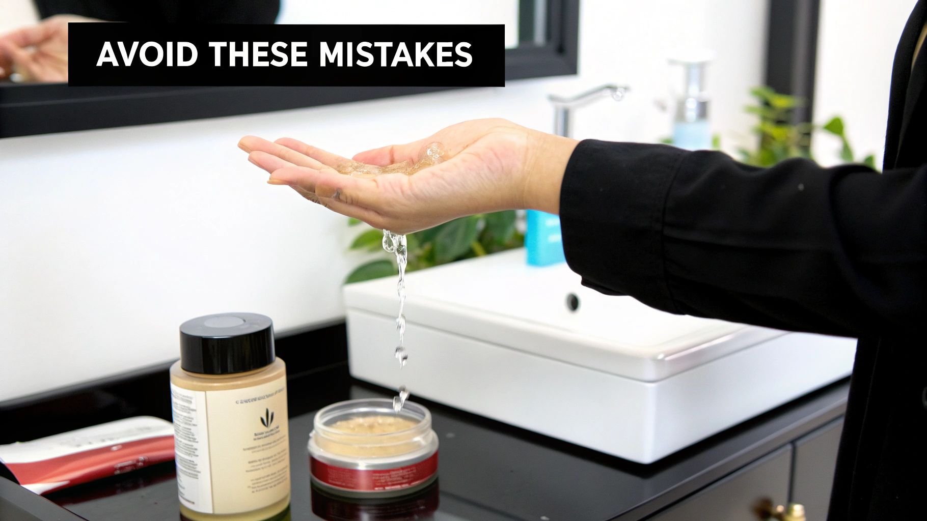 Person's hand with gel-like serum dripping over a jar, demonstrating skincare application.