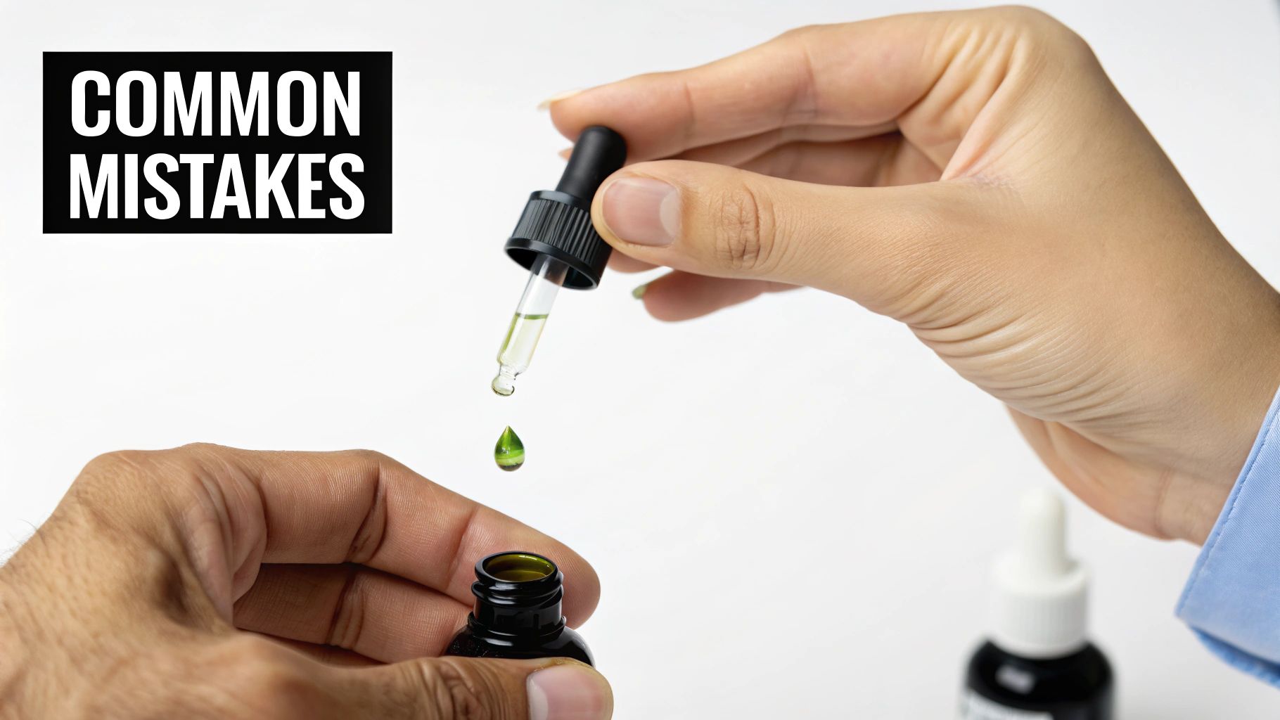 A close-up of a person dispensing drops from a dropper bottle into another, with text 'COMMON MISTAKES'.