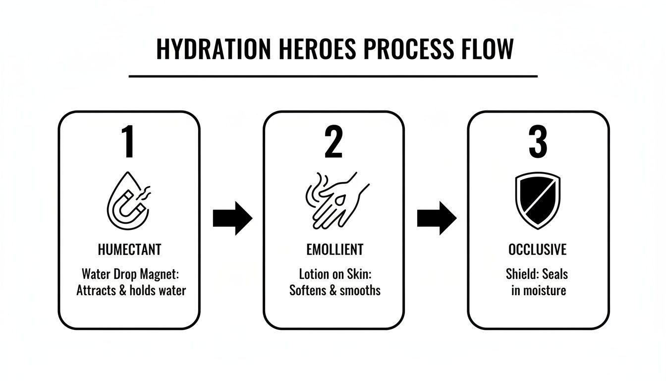 Process flow diagram illustrating skin hydration with humectants, emollients, and occlusives.
