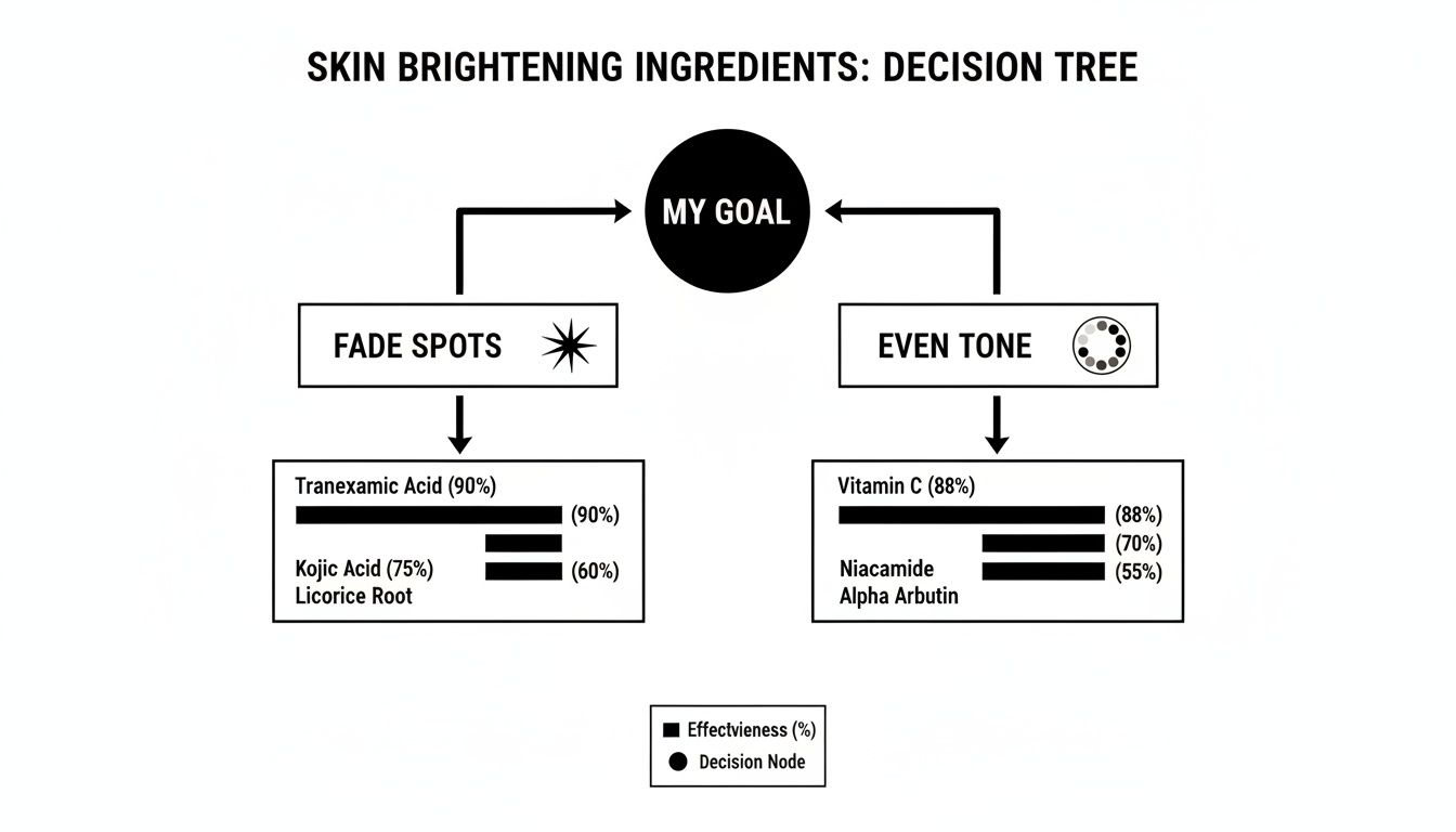Decision tree showing skin brightening ingredients to fade spots and achieve an even tone.