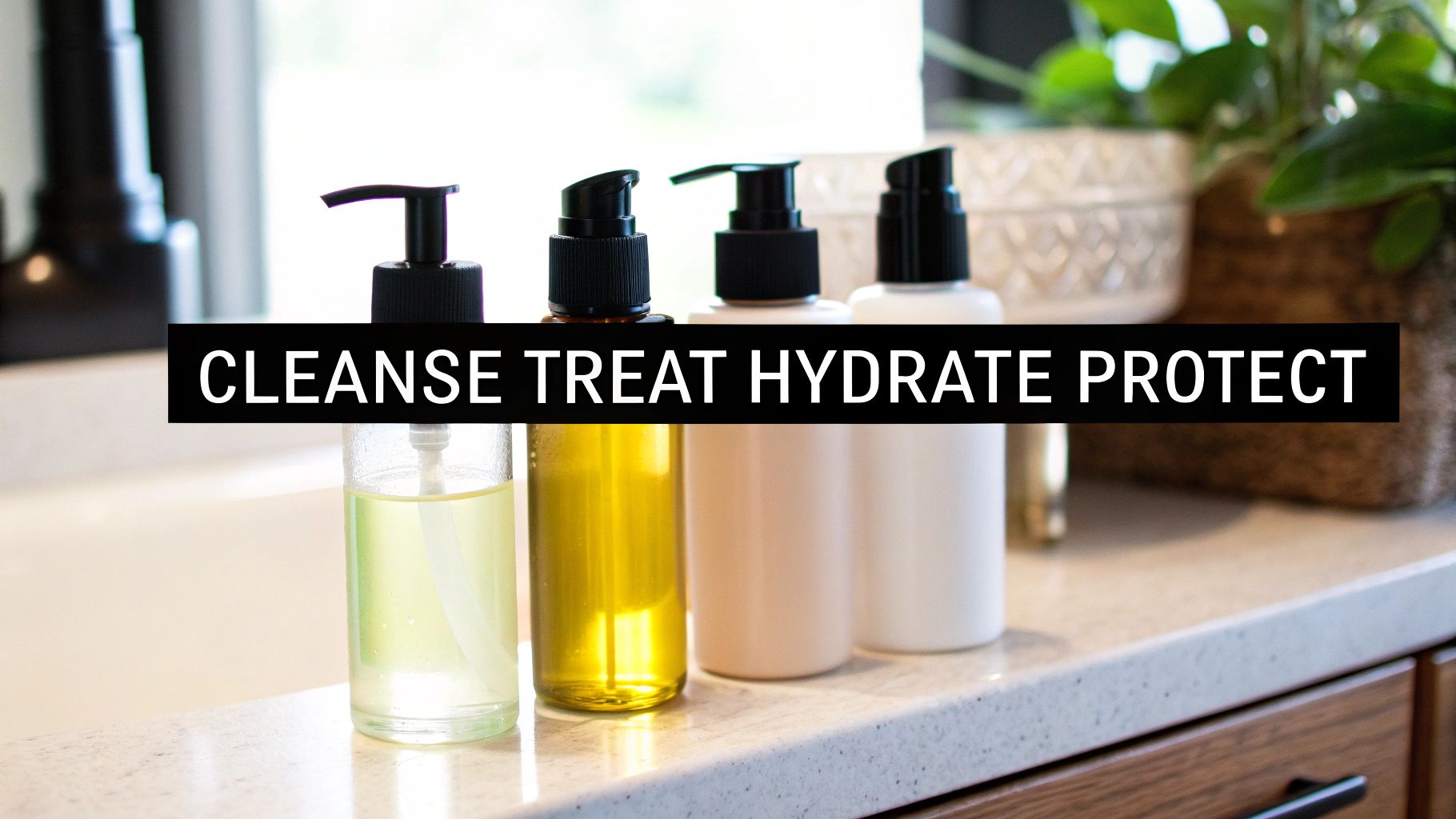 Four pump bottles representing a skincare routine: Cleanse, Treat, Hydrate, Protect, on a bathroom counter.