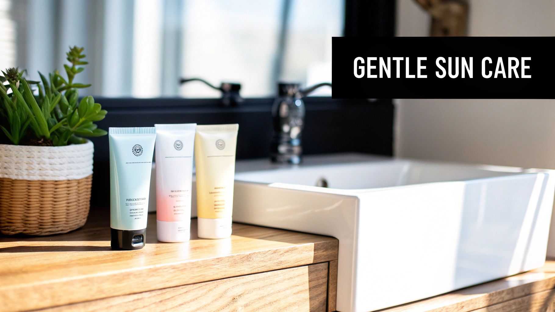 Three tubes of gentle sun care products displayed on a wooden bathroom counter with a plant.
