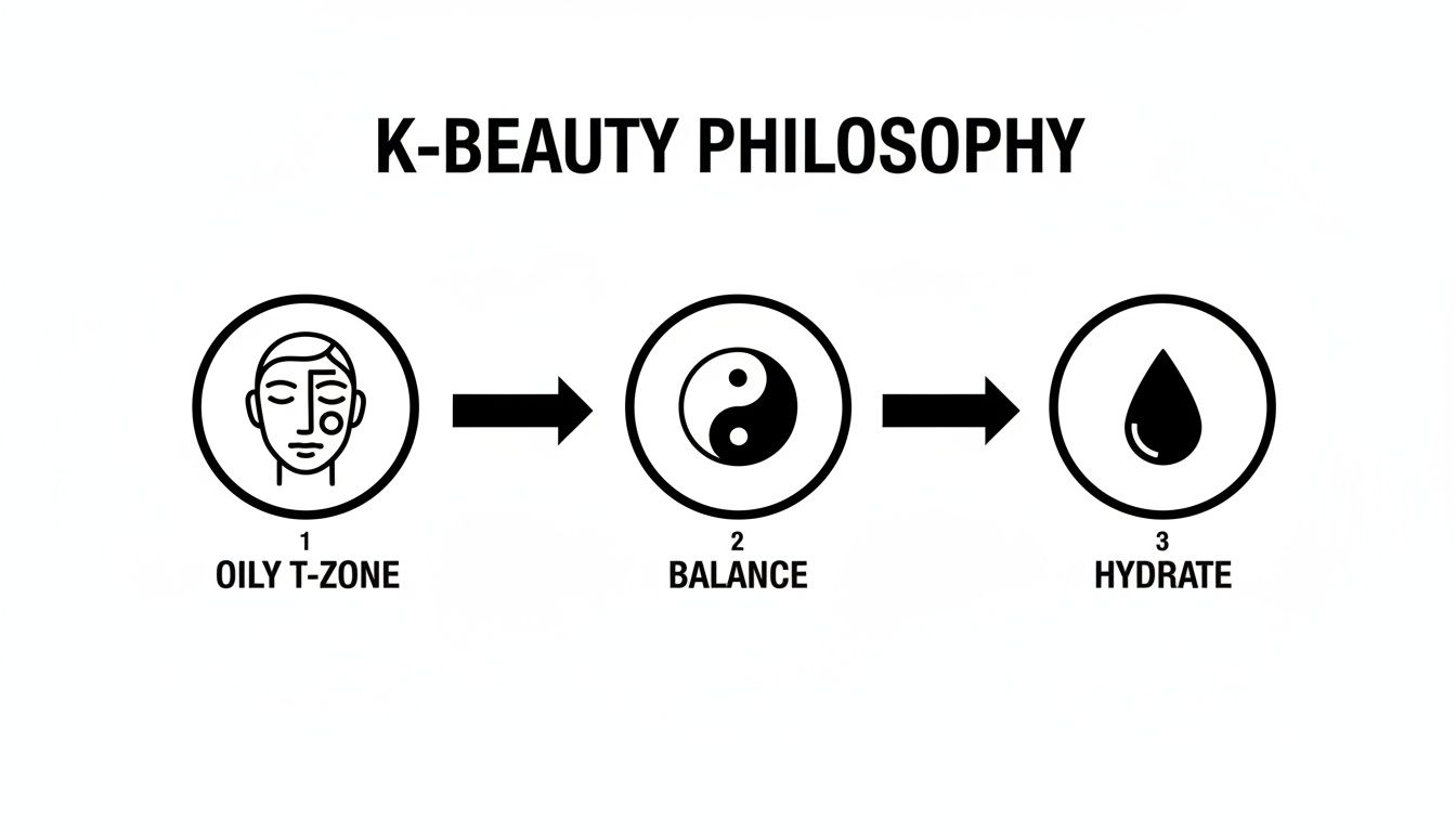 Diagram illustrating K-Beauty philosophy for combination skin: Oily T-zone leads to balance, then hydration.