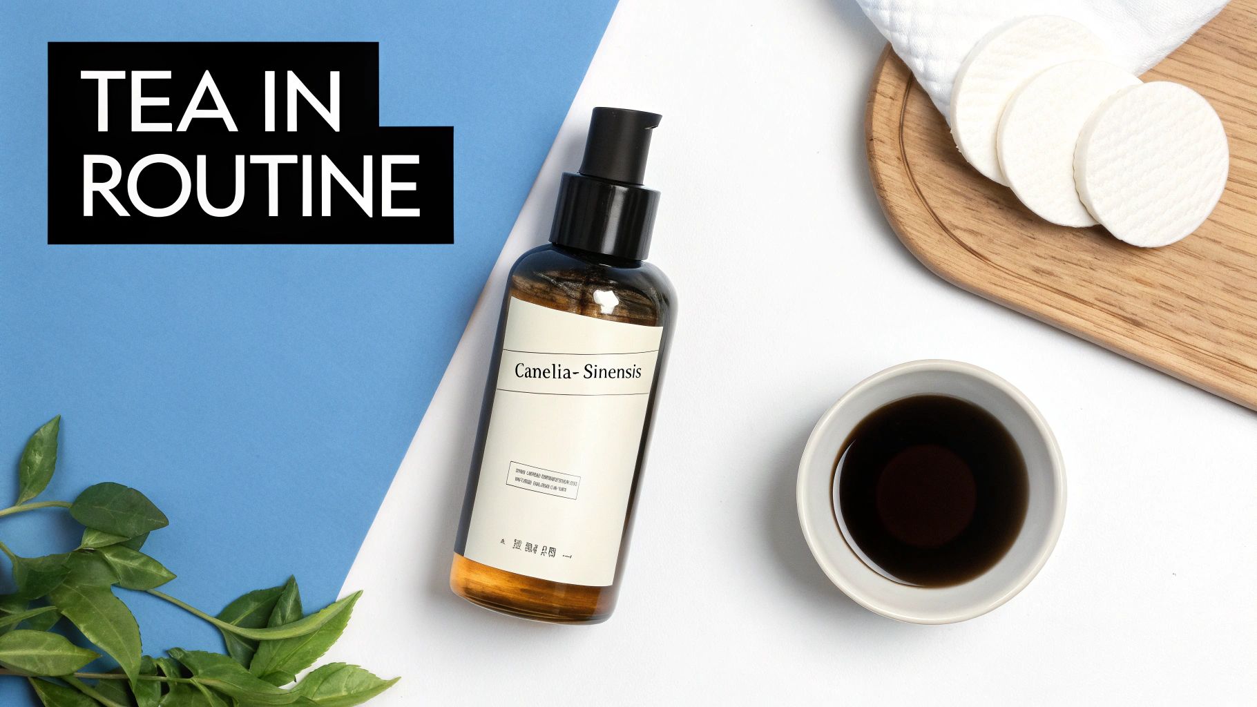 Overhead flat lay of tea-based skincare products, cotton pads, and tea leaves on a blue and white background.