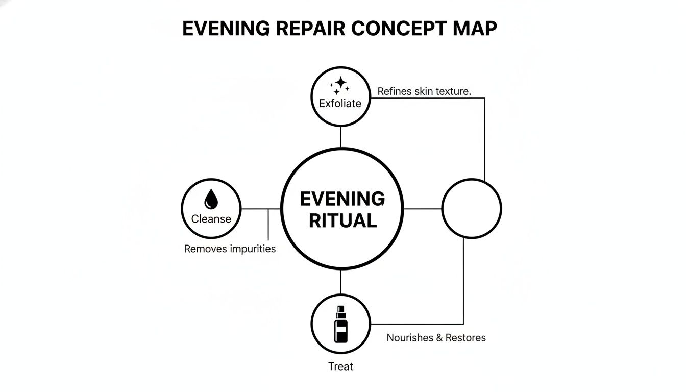 A concept map detailing an evening skincare ritual with steps: cleanse, exfoliate, and treat.