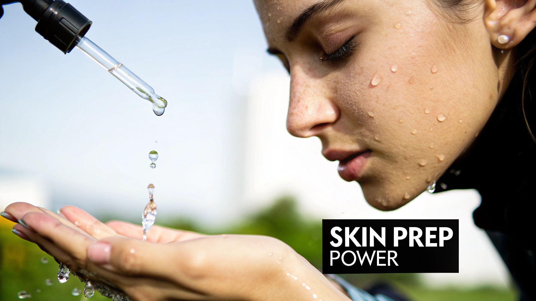 Close-up of a person's face with water droplets and hands receiving liquid from a dropper, promoting skin prep.