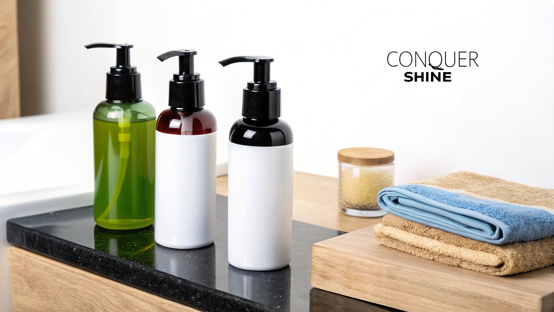 Three pump bottles, a jar of bath salts, and folded towels on a bathroom counter.