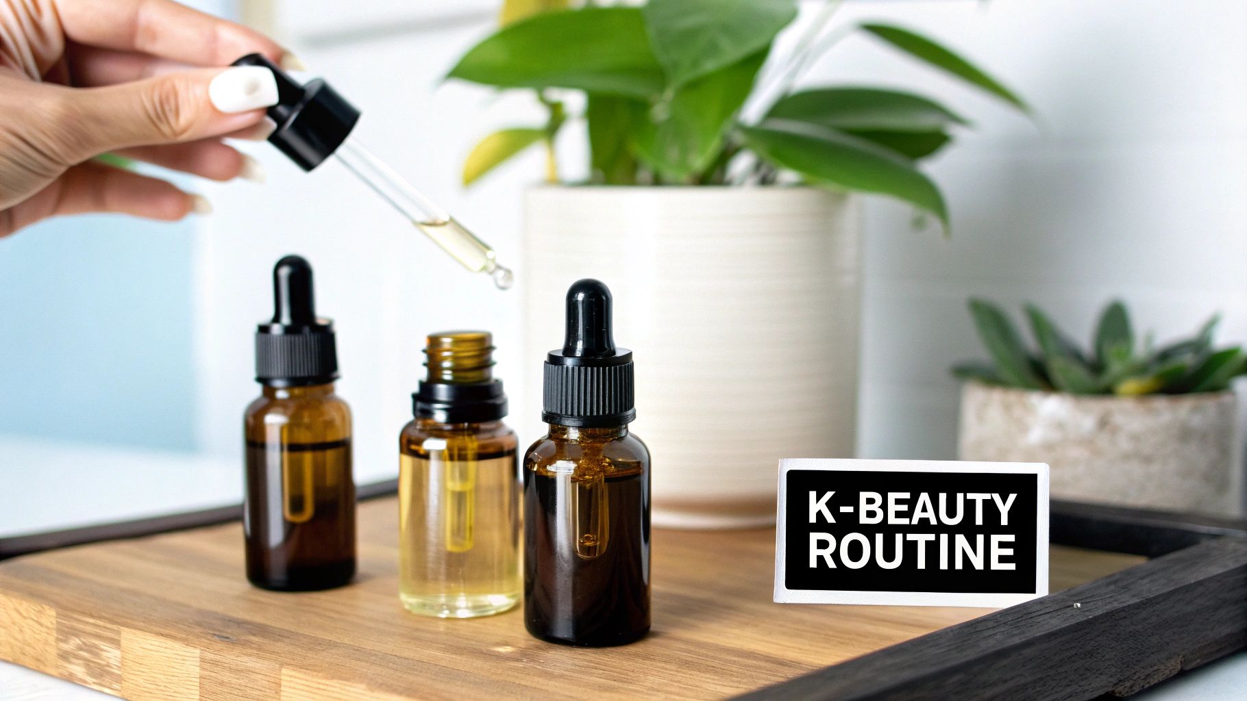 A hand holds a dropper dispensing liquid into brown serum bottles on a wooden tray with a 'K-BEAUTY ROUTINE' sign.