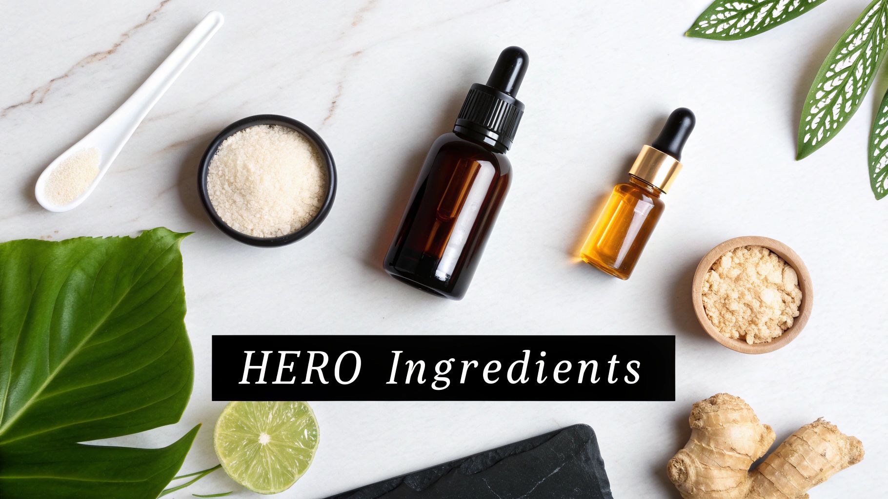 Various natural skincare ingredients including powders, essential oils in dropper bottles, ginger, and lime on a marble surface.