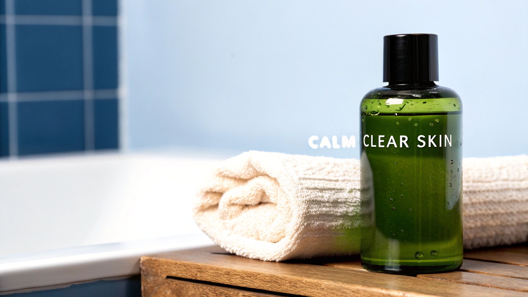A green bottle labeled "CALM CLEAR SKIN" and a white towel on a wooden surface in a bathroom.