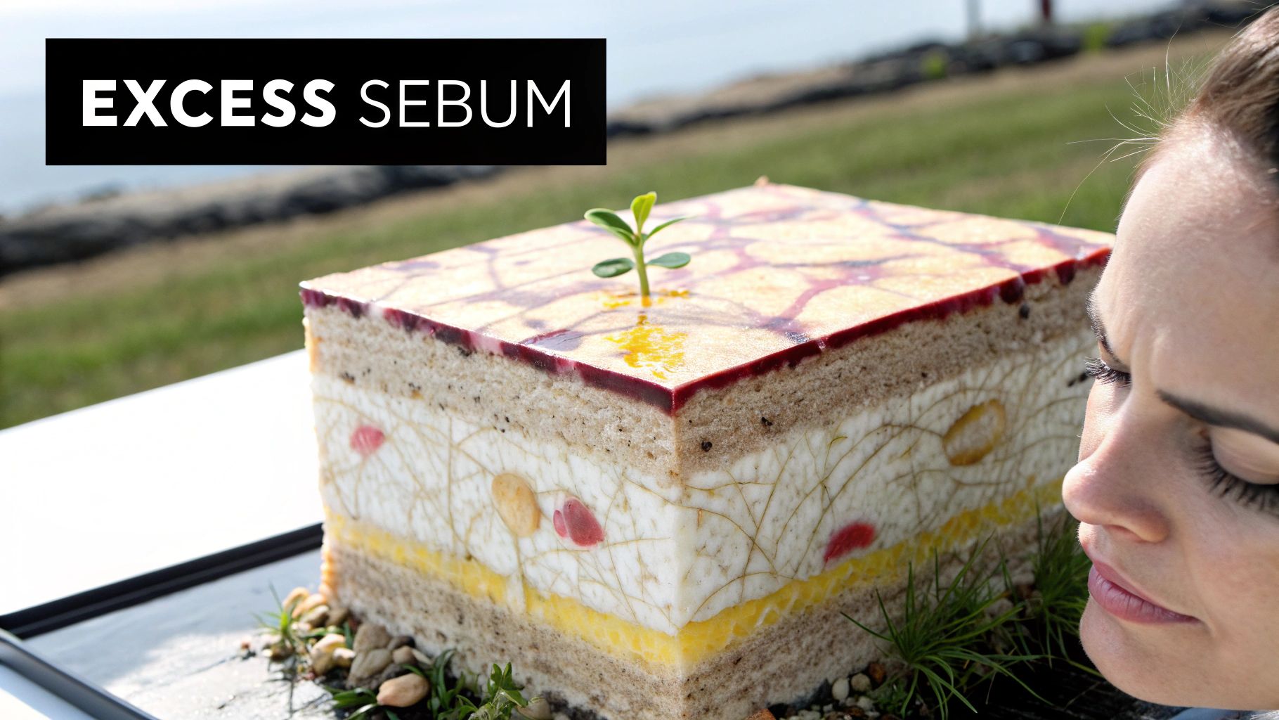 A detailed cake resembling a skin cross-section, with 'EXCESS SEBUM' text, observed by a woman.