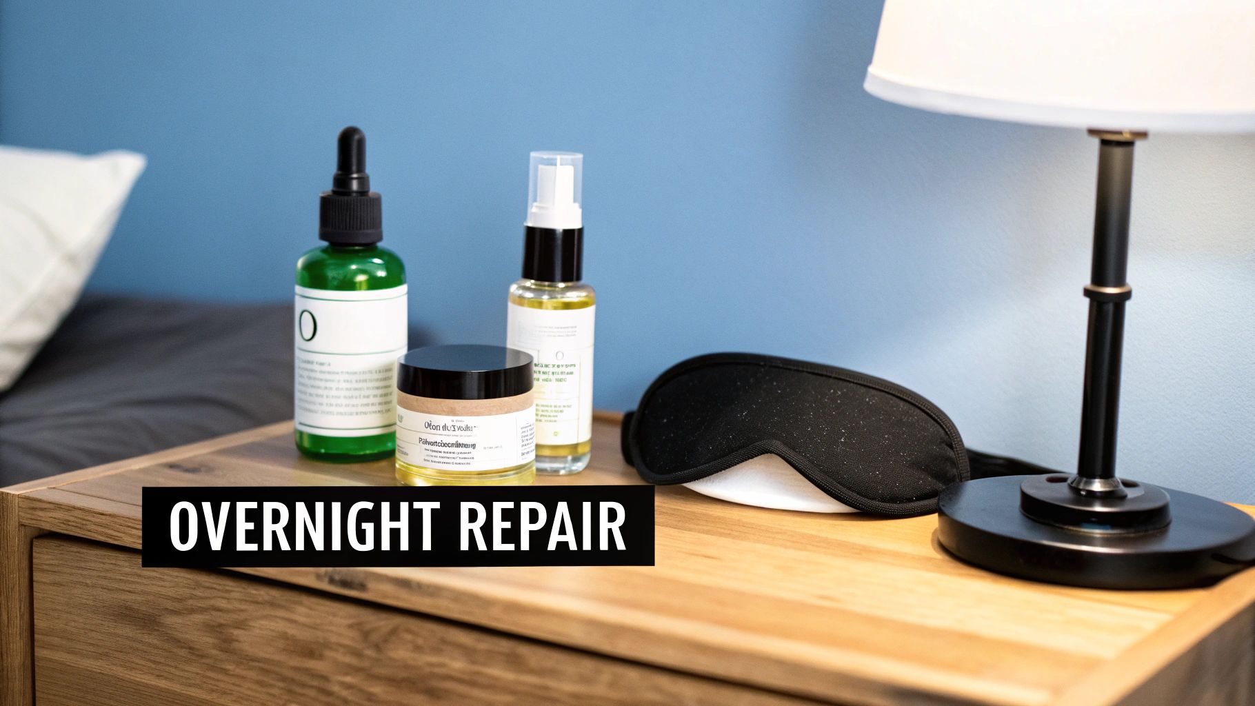 Skincare products and a sleep mask on a wooden nightstand for an overnight repair routine.
