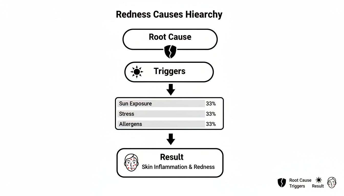Redness causes hierarchy flowchart showing root cause, triggers like sun, stress, and allergens, leading to skin inflammation.