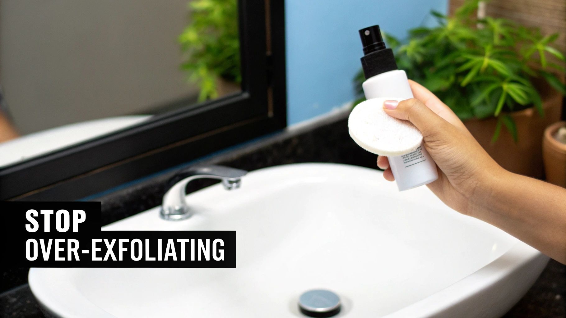 A hand holds a white spray bottle and a round pad over a sink with text "STOP OVER-EXFOLIATING".
