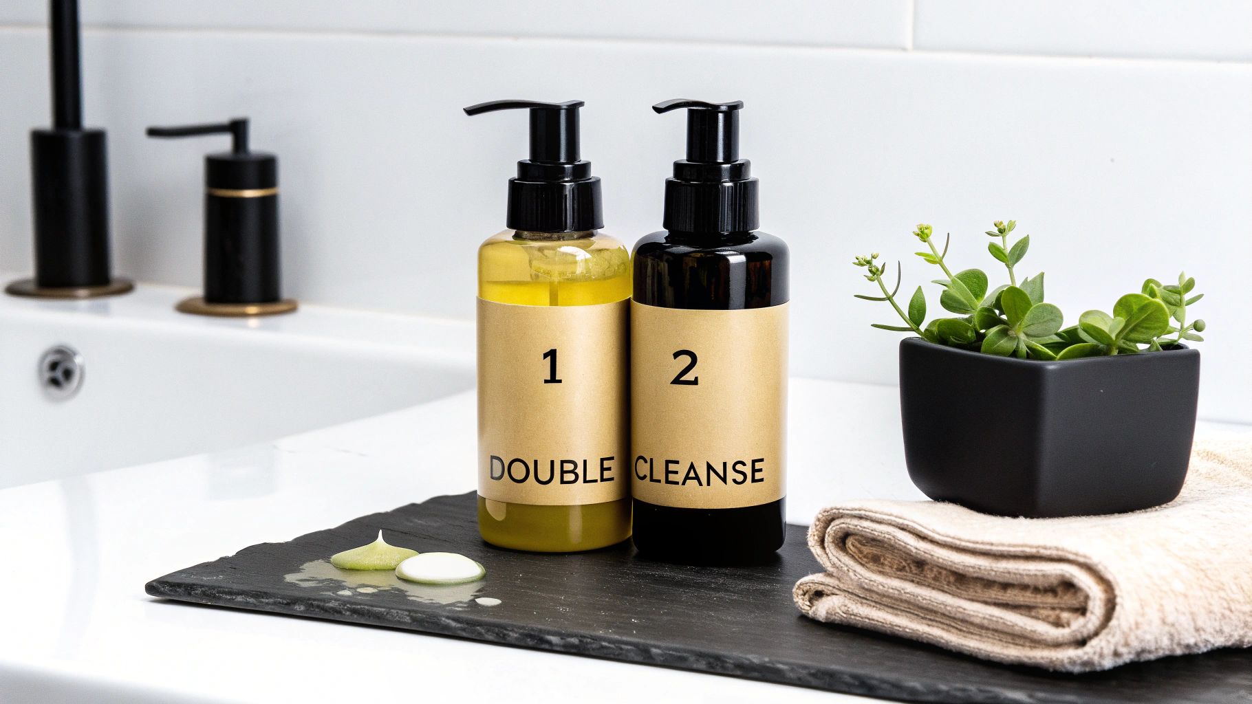 Two pump bottles labeled '1' and '2' for 'DOUBLE CLEANSE' on a slate tray in a bathroom.