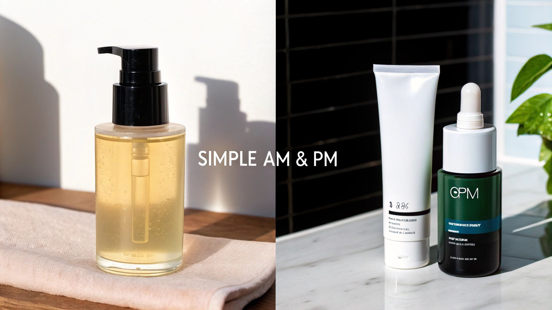 Various skincare products for a simple AM and PM routine, displayed on different surfaces.