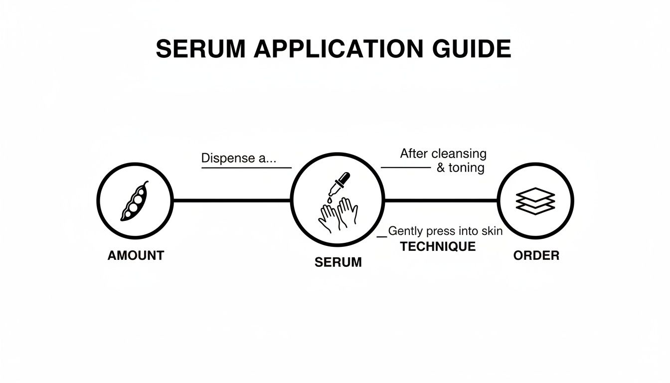 Visual guide outlining serum application steps: amount (pea pod), technique (dropper, hands), and order (stacked layers).