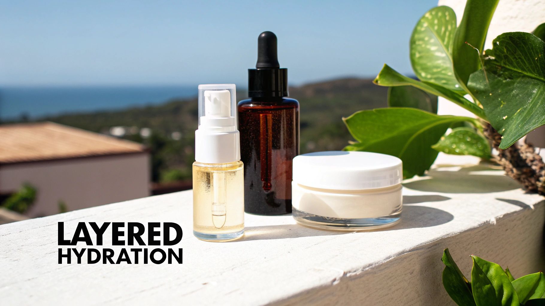 Three skincare products (serum, oil, cream) on a sunny outdoor balcony with ocean view.