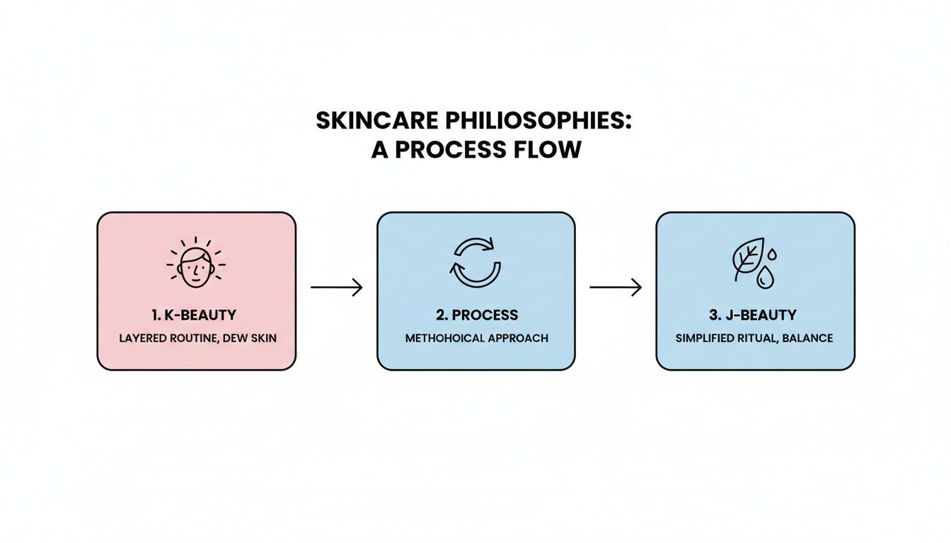 Flowchart illustrating K-Beauty (layered, dew skin) and J-Beauty (simplified, balance) skincare philosophies.