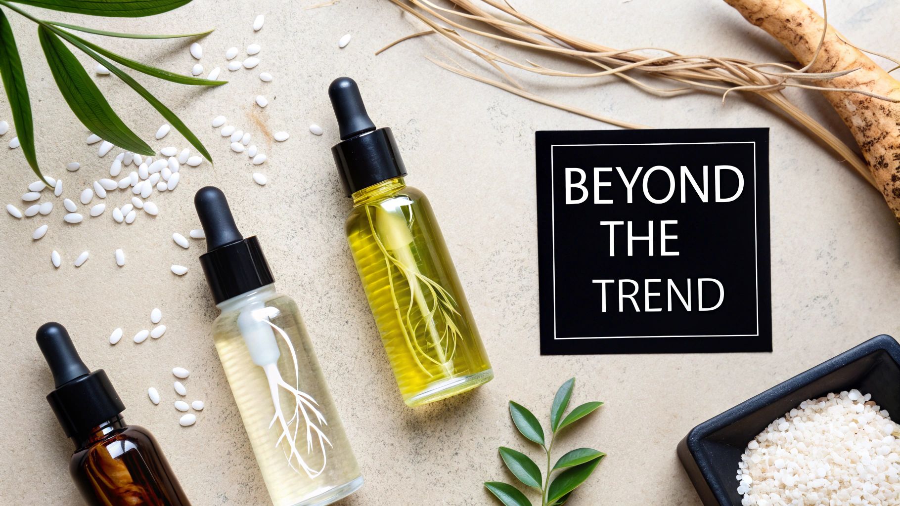 Overhead shot of herbal skincare serums in dropper bottles with natural ingredients and plant roots.