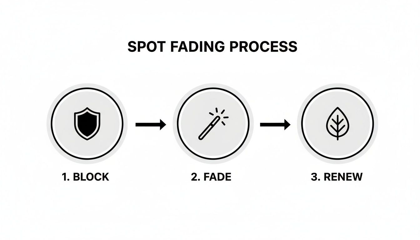 A diagram illustrating the 3-step spot fading process: block, fade, and renew with icons.