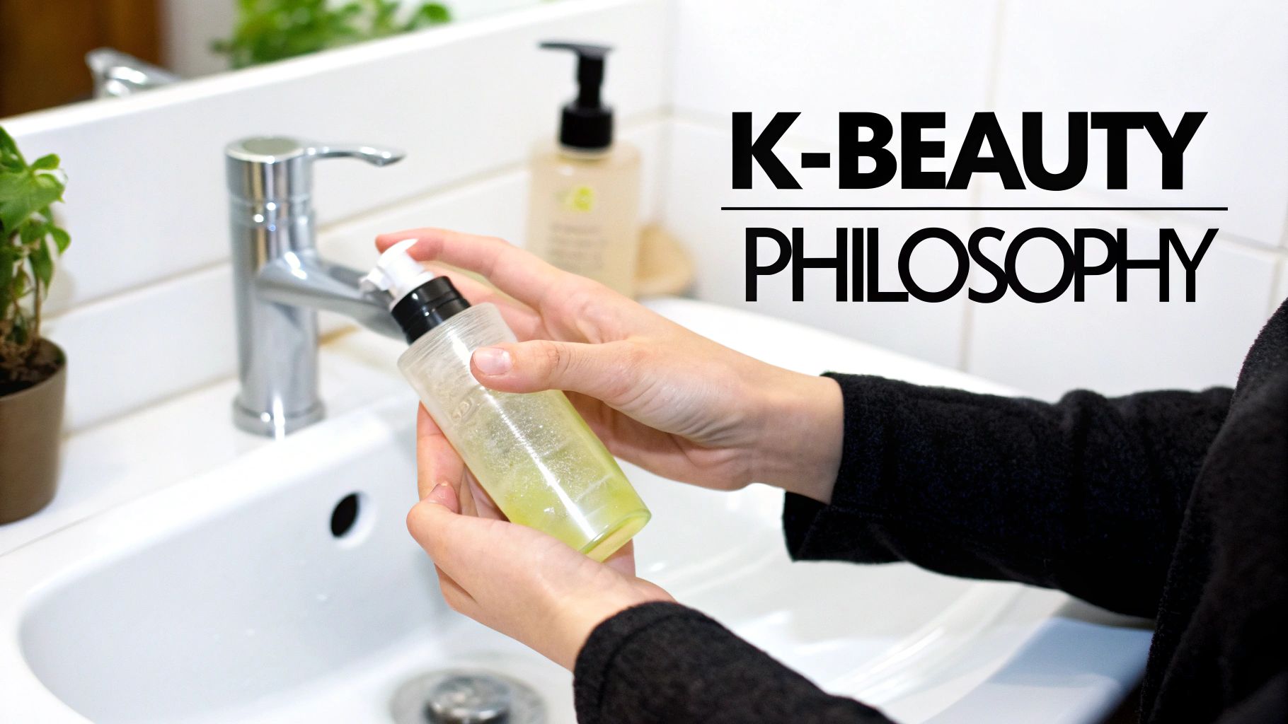 Hands holding a K-beauty skincare product over a bathroom sink, promoting Korean beauty philosophy.