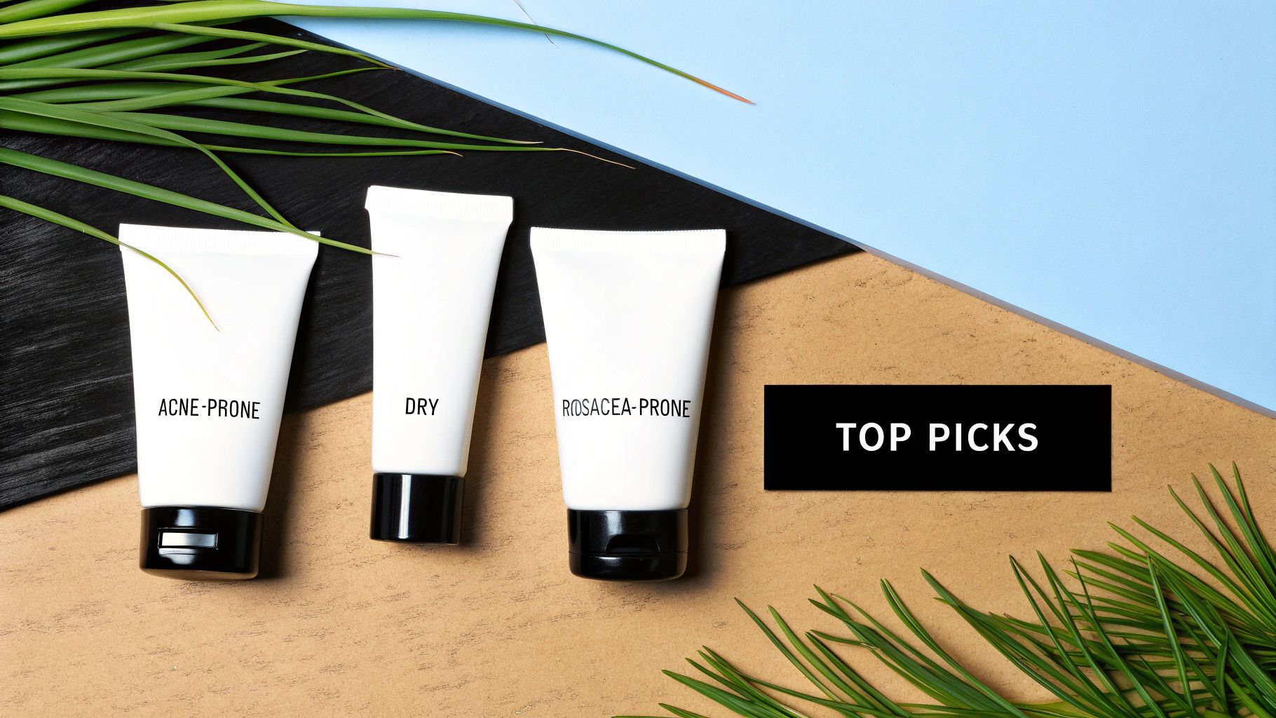 Skincare products for acne-prone, dry, and rosacea-prone skin with green leaves and a 'Top Picks' label.