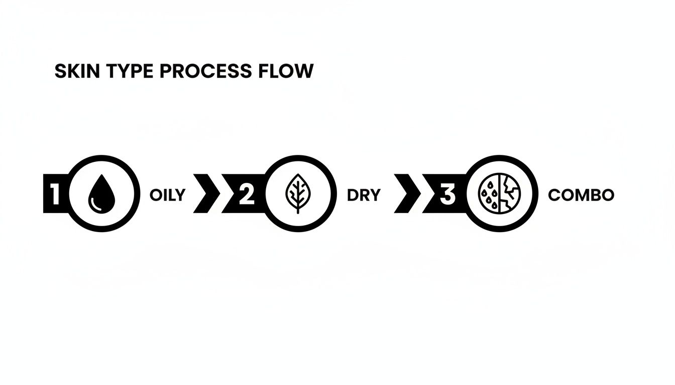 A diagram illustrating a skin type process flow, identifying oily, dry, and combination skin.