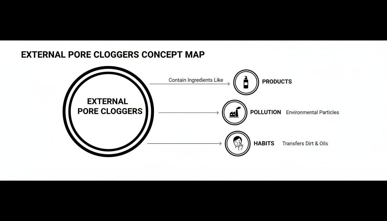 Concept map illustrating external pore cloggers, including products, pollution, and habits that cause clogged pores.