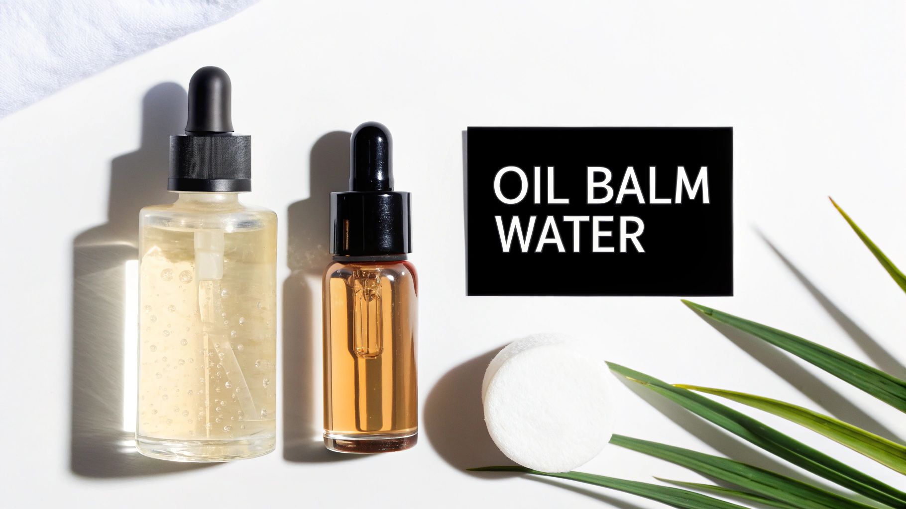 Flat lay of skincare products, including two dropper bottles, a 'OIL BALM WATER' sign, cotton pads, and green leaves.