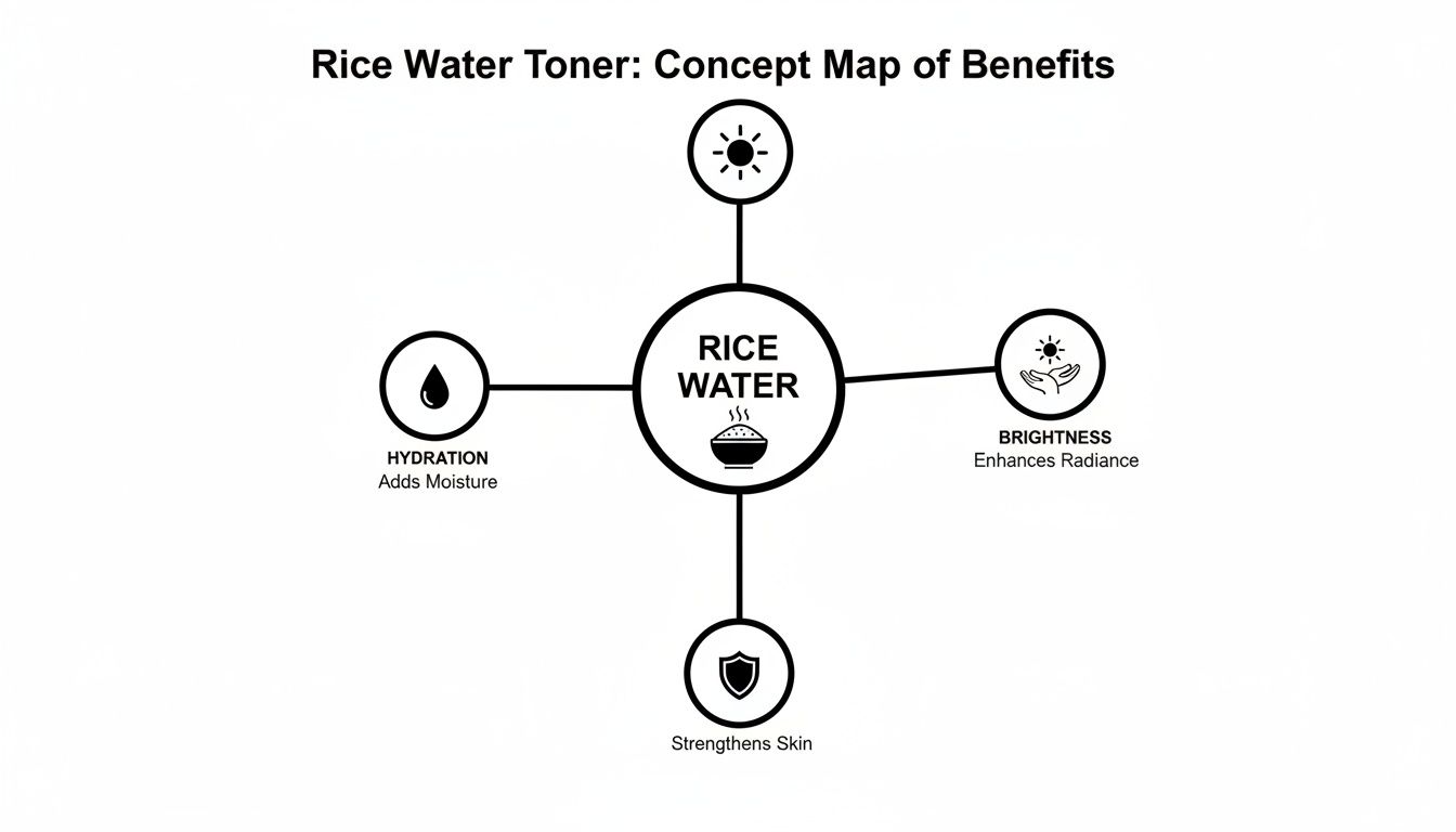 Concept map illustrating rice water toner benefits: hydration, brightness, and strengthened skin.