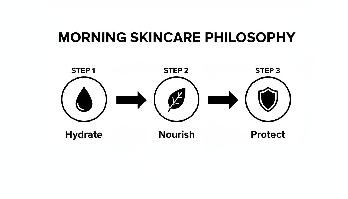 Visual guide outlining a morning skincare philosophy: Step 1 Hydrate, Step 2 Nourish, Step 3 Protect.