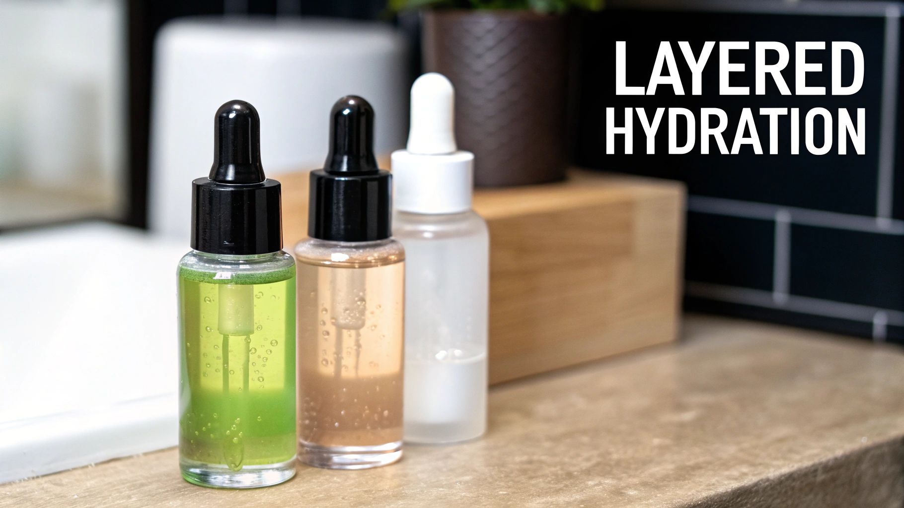 Three bottles of skincare serums (green, amber, clear) on a counter with “LAYERED HYDRATION” text.