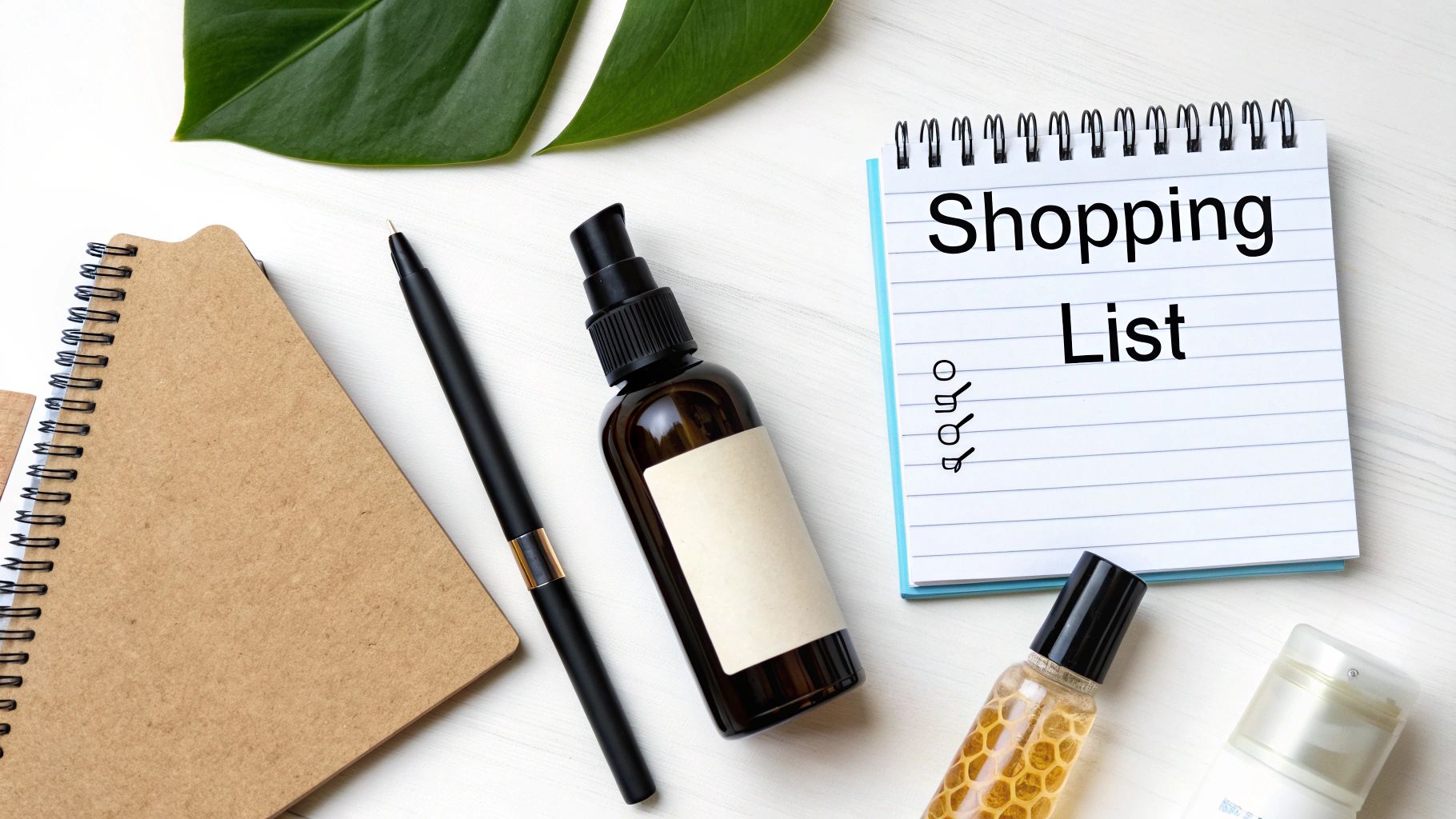 Flat lay of natural skincare products, notebooks, a pen, and a shopping list.