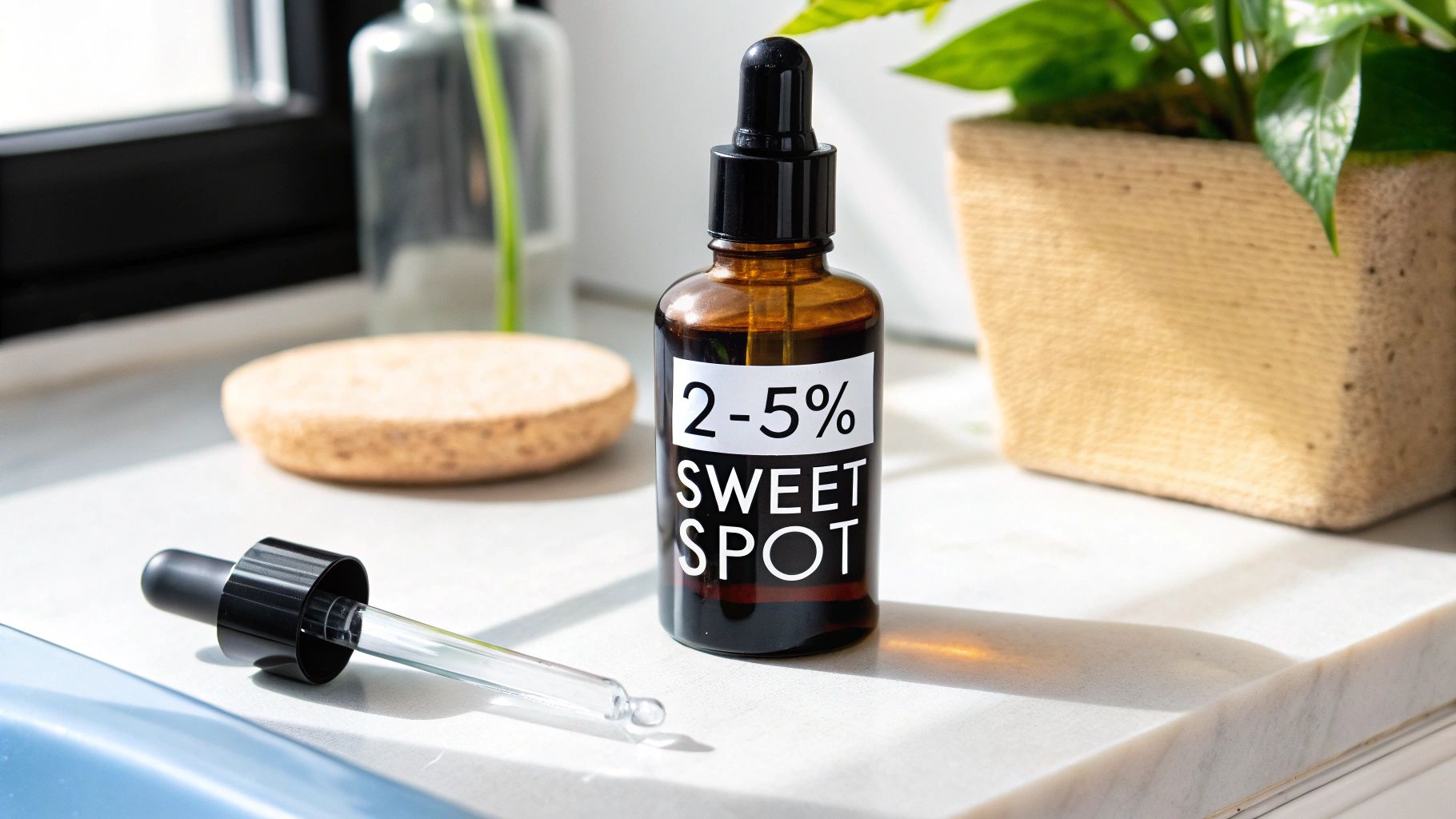 A brown dropper bottle of '2-5% SWEET SPOT' serum and a glass dropper on a sunny white counter.