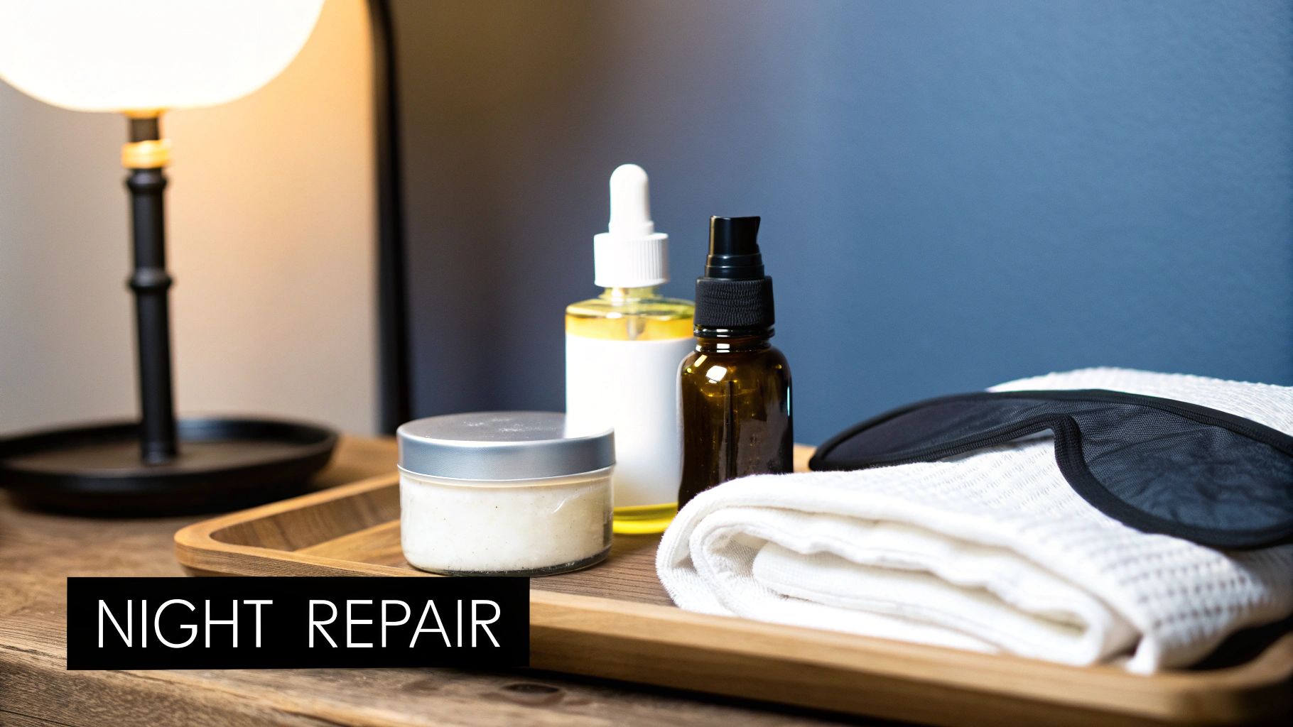 A night repair skincare set including cream, serums, a towel, and a sleep mask on a wooden tray.