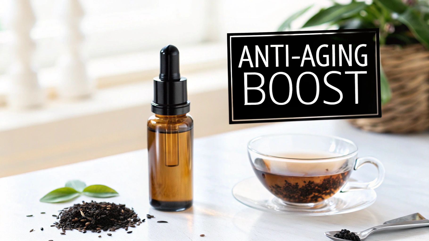 A dropper bottle, black tea leaves, and a cup of brewed tea with 'ANTI-AGING BOOST' text.