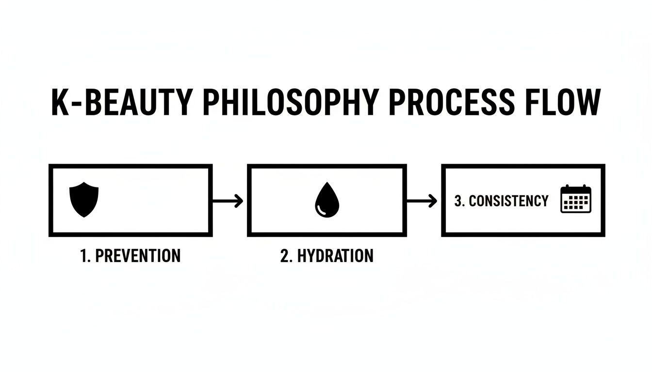 Flowchart illustrating the K-Beauty philosophy process with steps: prevention, hydration, and consistency, each with an icon.
