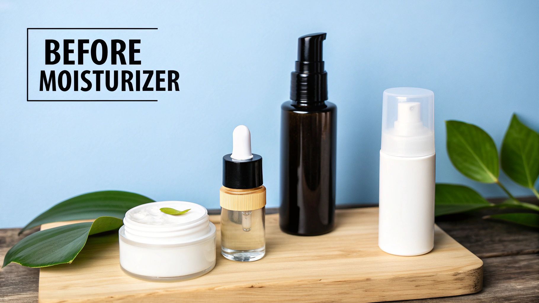 A flat lay of skincare products including creams, serums, and sprays, labeled 'Before Moisturizer'.