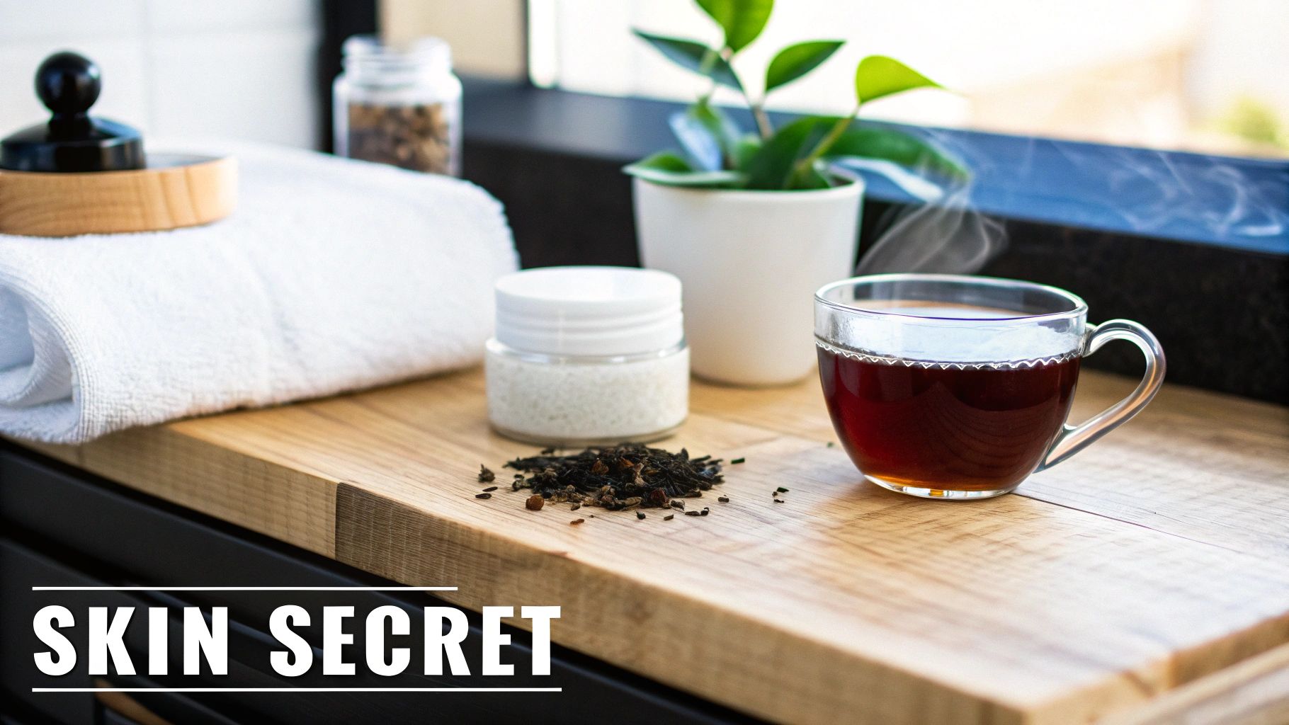 A setup of skin care items including a steaming cup of black tea, bath salts, and a white towel on a wooden surface.