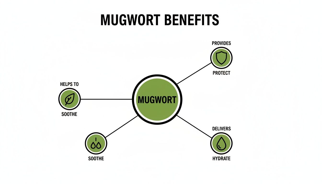 An infographic illustrating mugwort benefits for skin, showing it helps to soothe, provides protection, and delivers hydration.