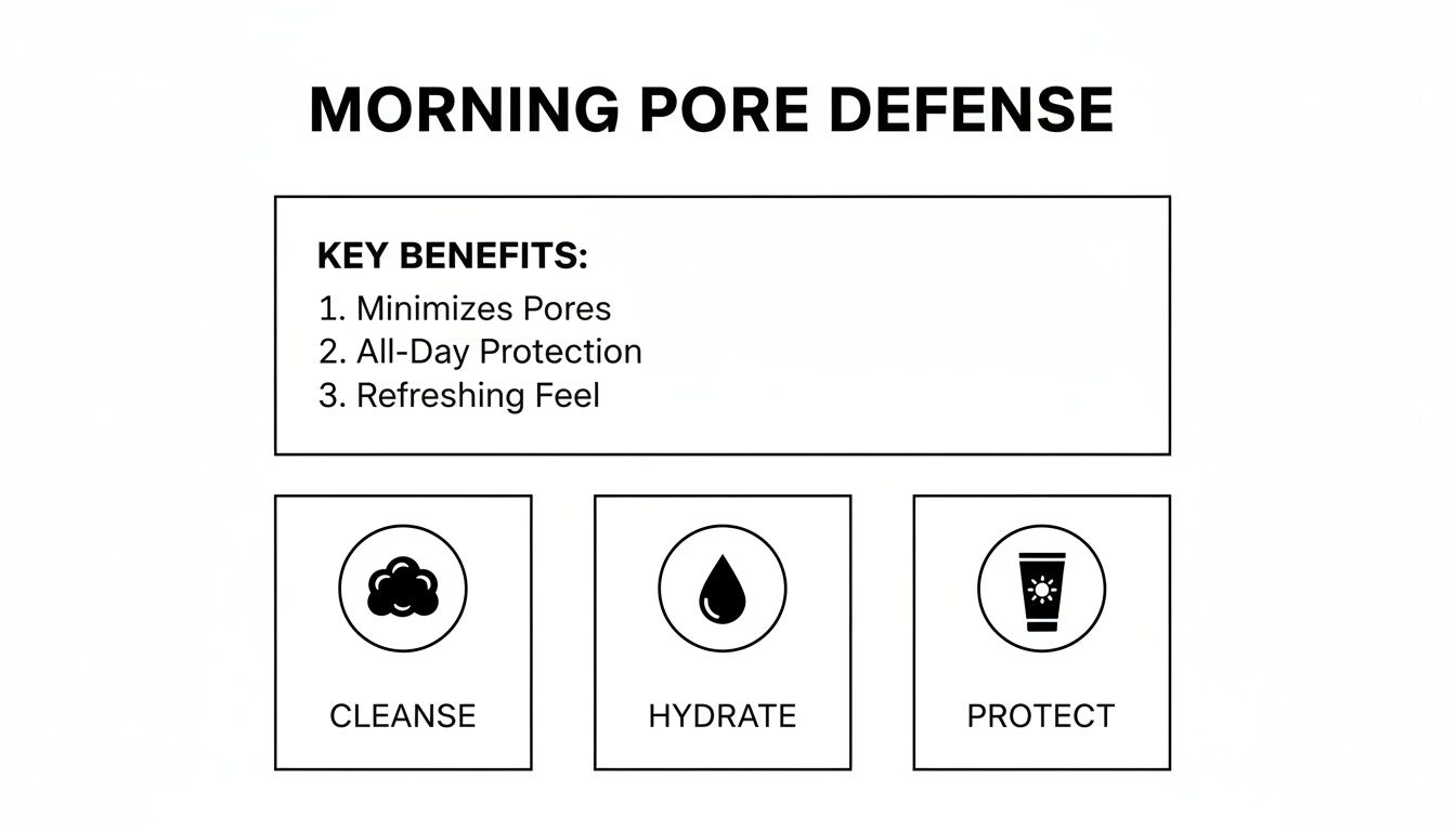 Diagram illustrating a morning pore defense skincare routine with key benefits, cleanse, hydrate, and protect steps.