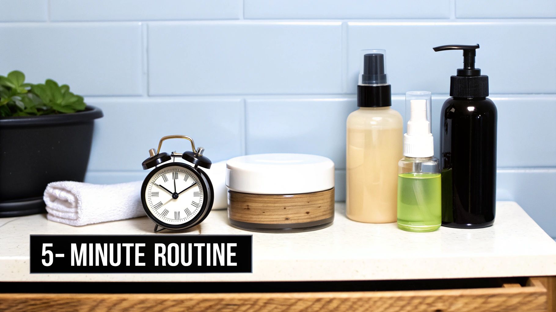 A collection of skincare products, an alarm clock, and a towel on a counter, suggesting a 5-minute routine.