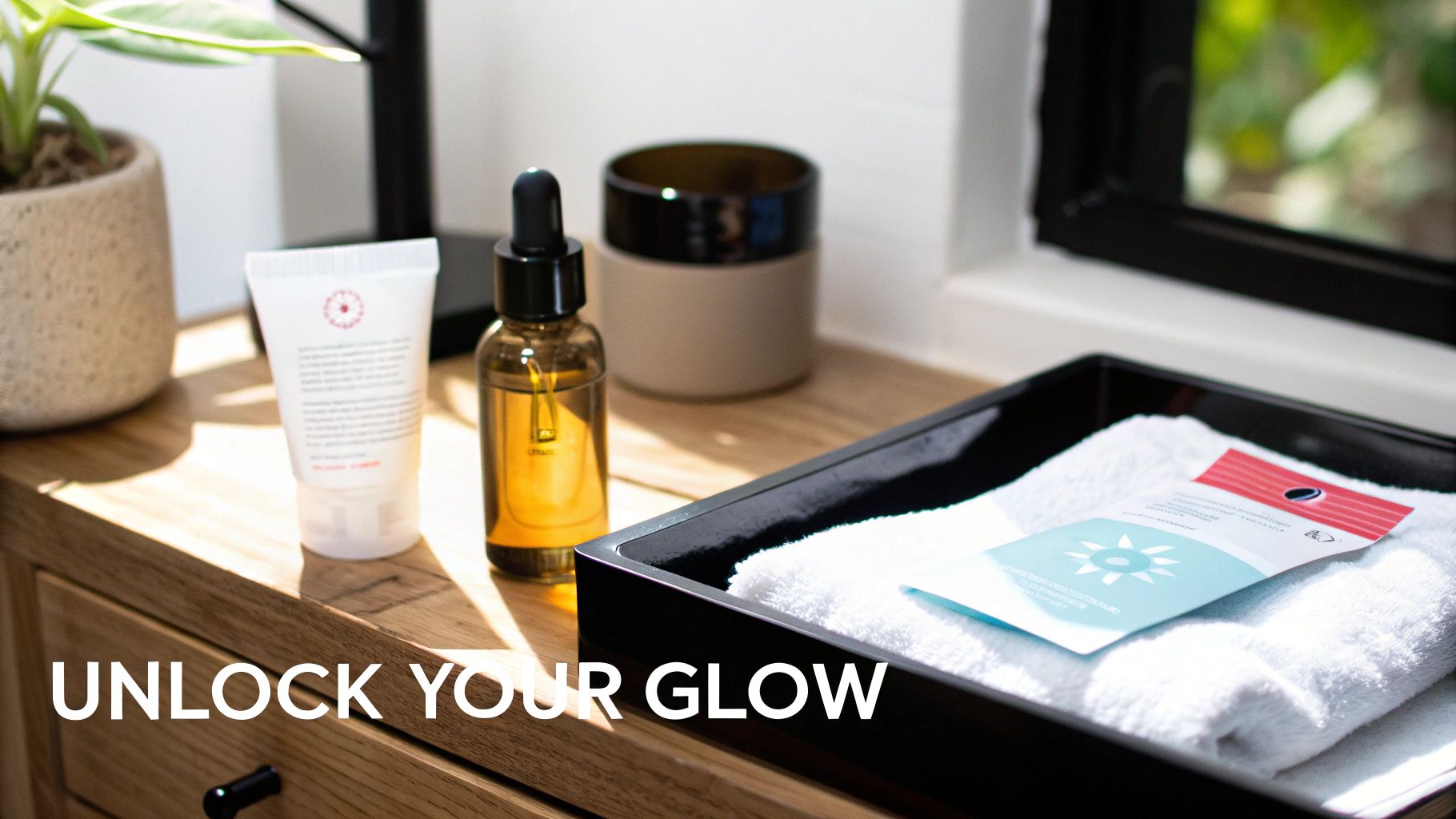 A collection of beauty products like serums, creams, and towels arranged on a sunlit wooden vanity.