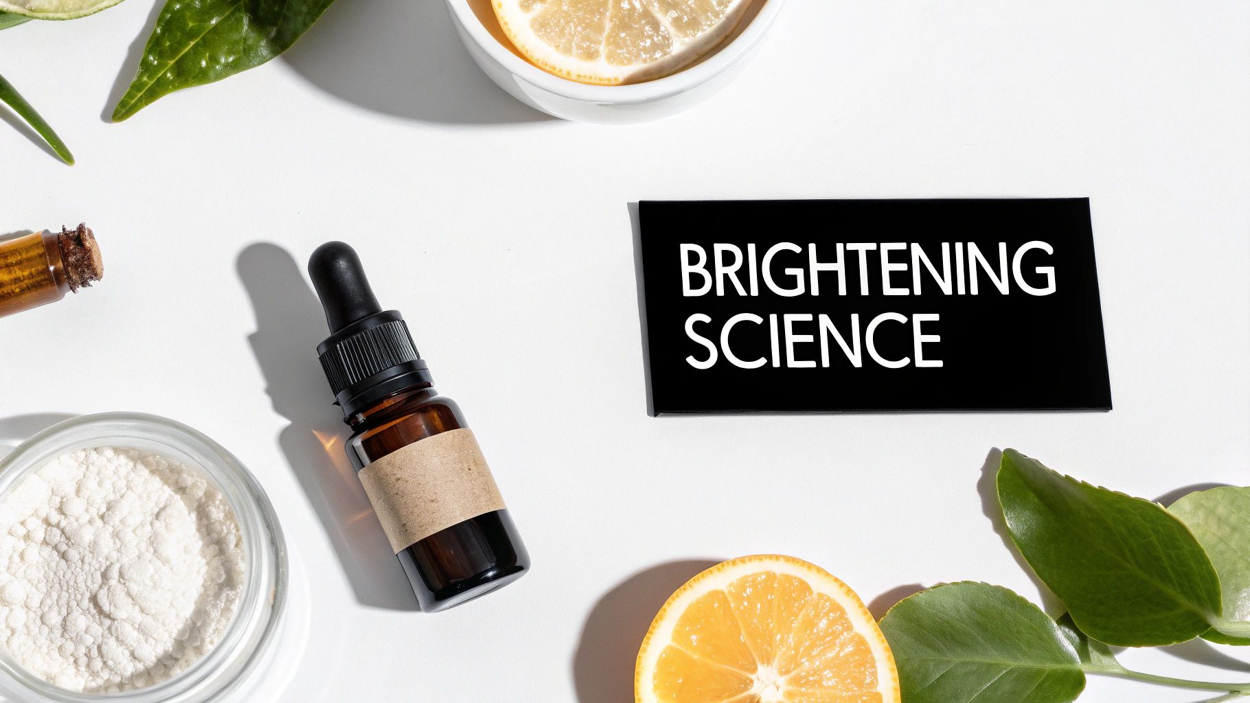 Skincare flat lay with a dropper bottle, powder, lemon slices, and green leaves, labeled 'Brightening Science'.
