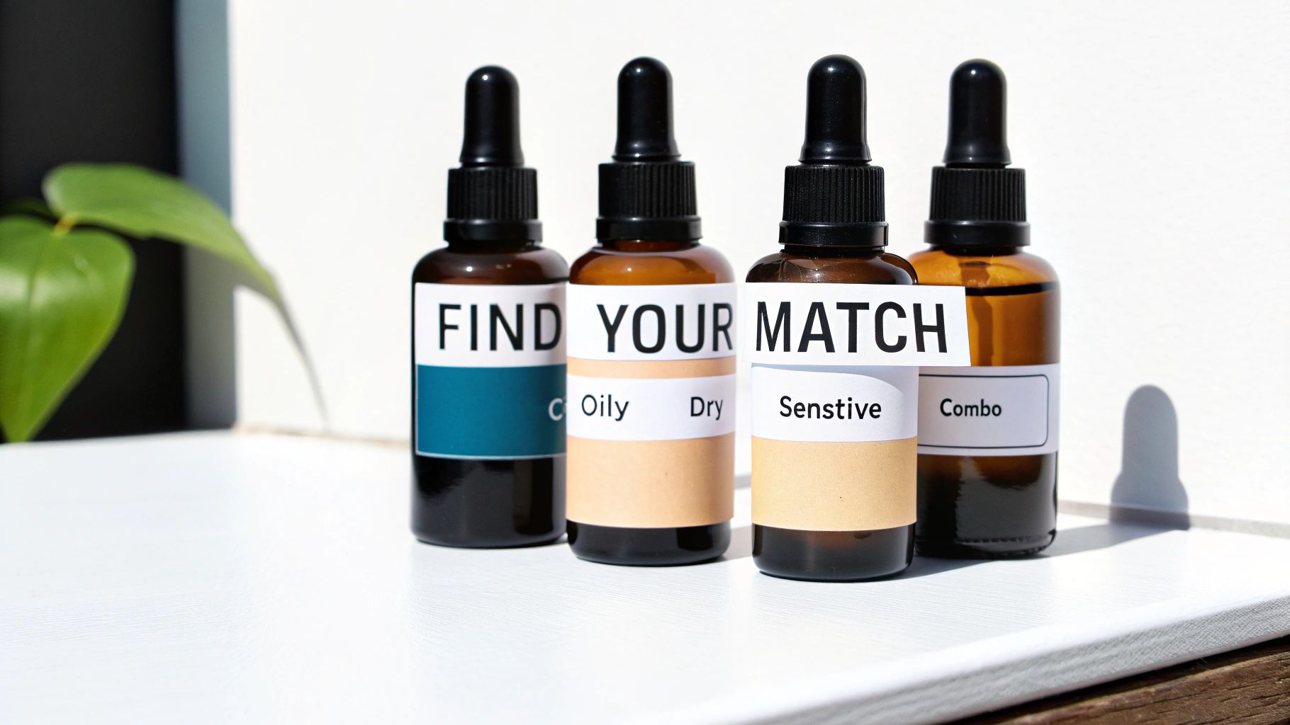 Four amber dropper bottles labeled 'FIND YOUR MATCH' for Oily, Dry, Sensitive, and Combo skin types.